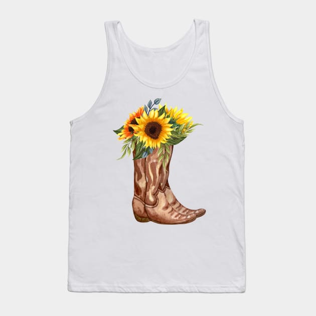 Rustic Sunflower Western Country Cowboy Boots Tank Top by Tina